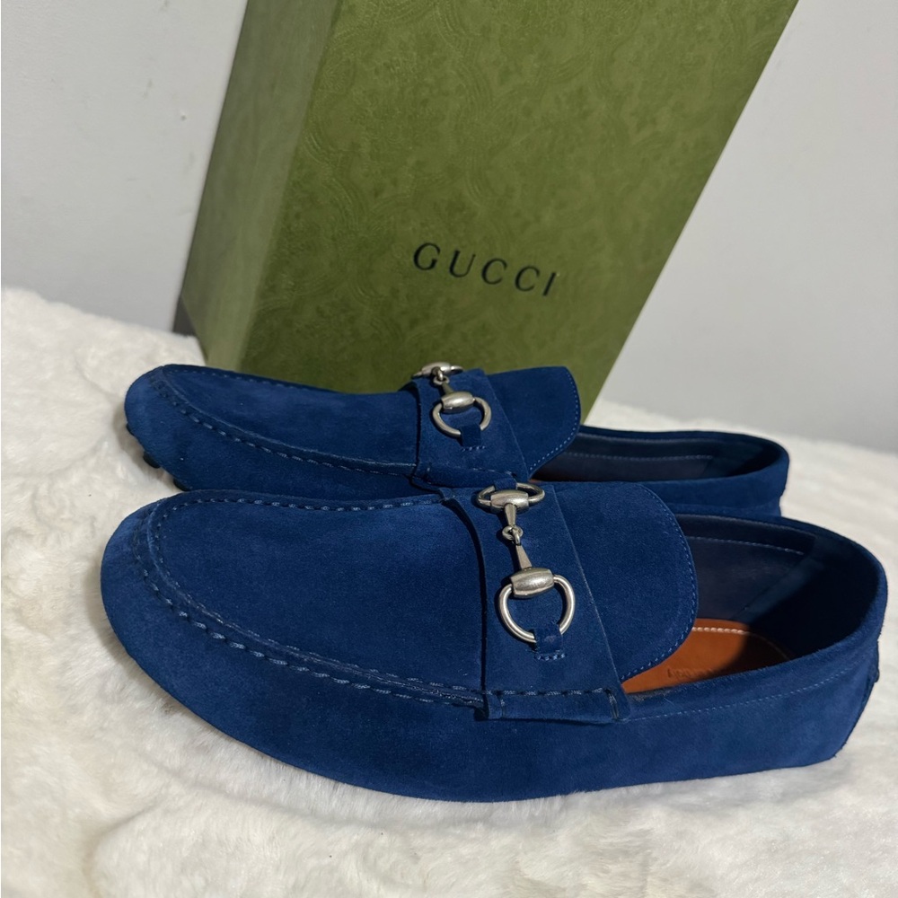 Gucci Navy Suede Horsebit Driving Loafers - Picture 5 of 7